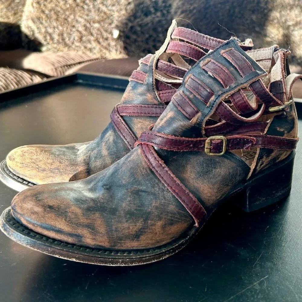 Freebird by Steven Brown and Burgundy Distressed Leather Ankle Boots